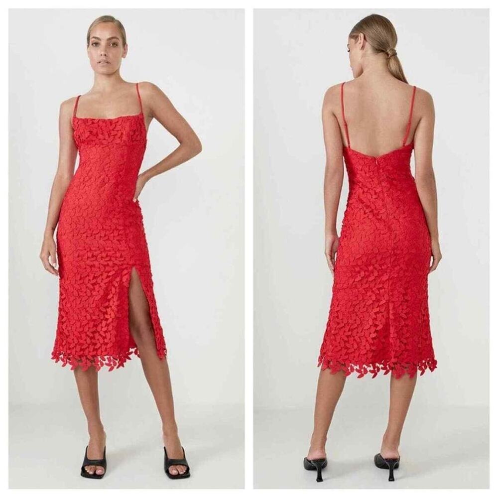 NWT Bardot 8  $139 Ariel leaf Lace MIDI Dress Color Red Lipstick